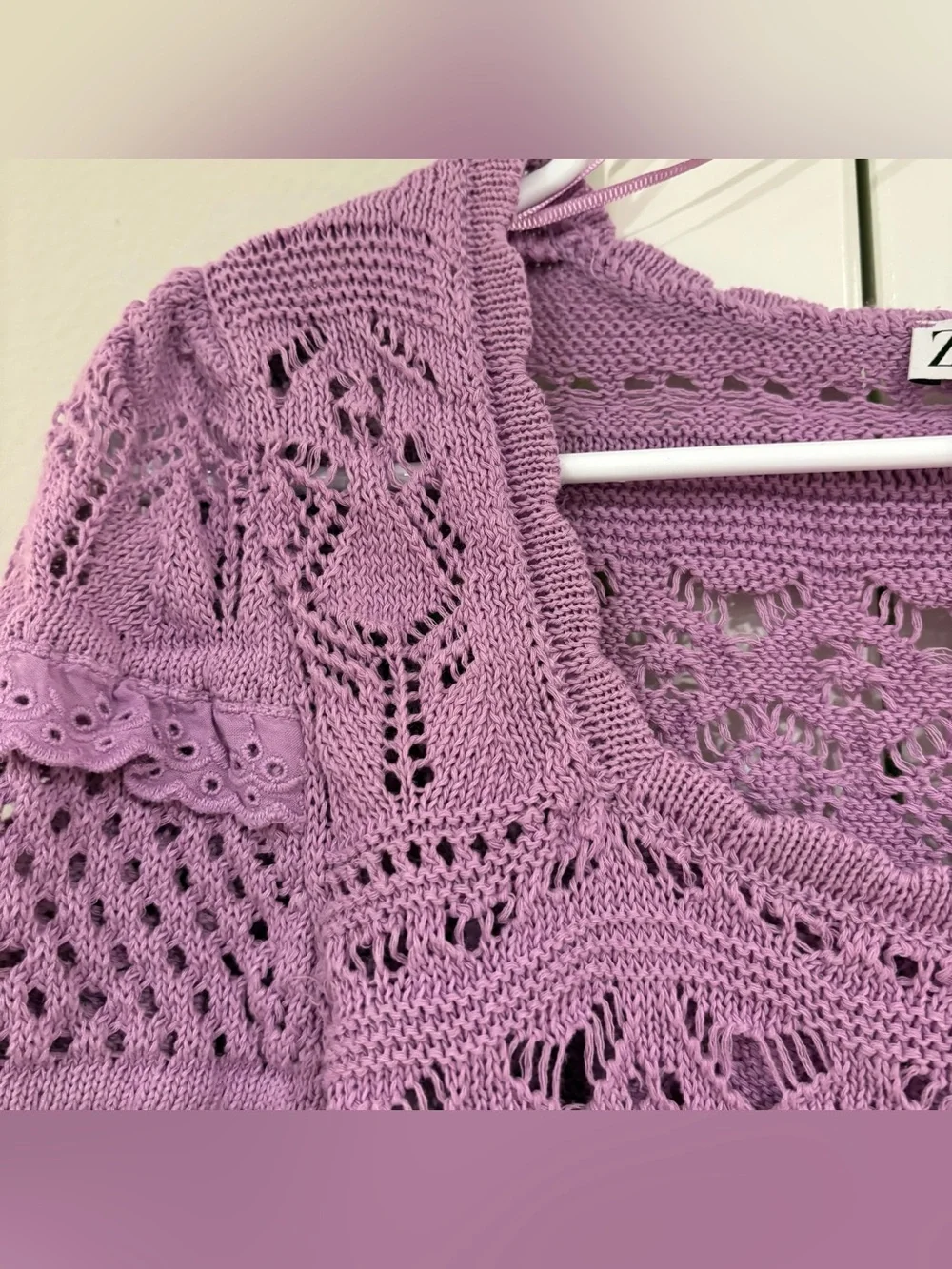 Zara Pointelle Knit Crochet Sweater Top Puff Ruffle Sleeve Lavender S Coquette